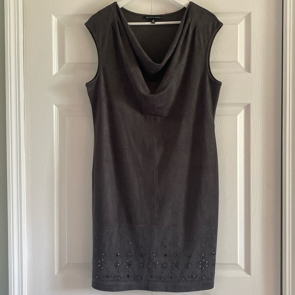 Saks Fifth Avenue Grey Faux Suede Cowlneck Sleeveless Dress - Size 16